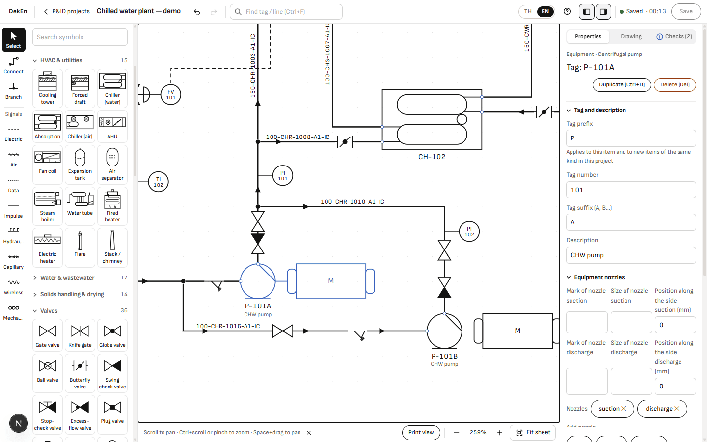แบบ P&ID ที่ขยายดูใกล้ ๆ — ปั๊ม P-101A และ P-101B พร้อมมอเตอร์ วาล์ว และหมายเลขเส้นท่อบนแต่ละเส้น