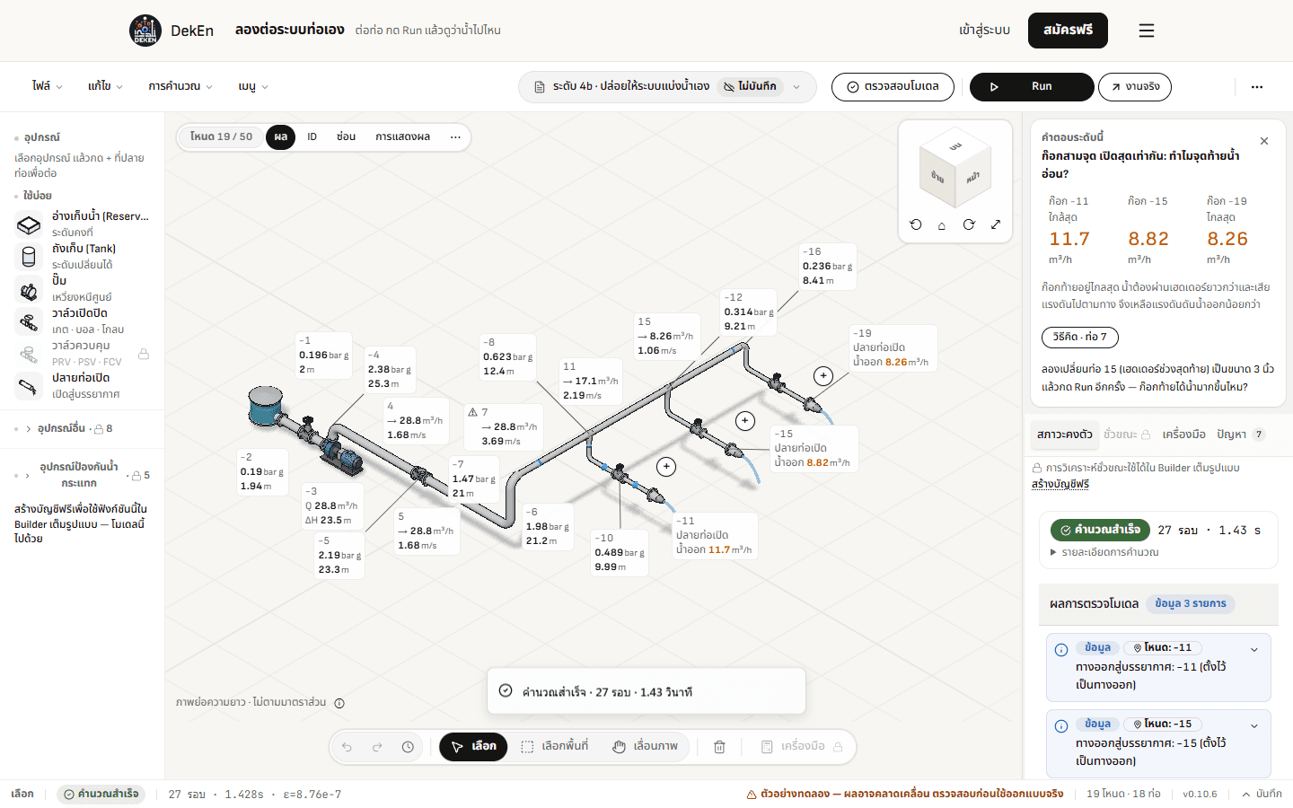 Model Builder v2 หลังกด Run — ระบบท่อ 3 มิติจากคลิป LF01 พร้อมป้ายความดันและอัตราการไหลทุกจุด และแถบสถานะที่รายงานว่าคำนวณสำเร็จ